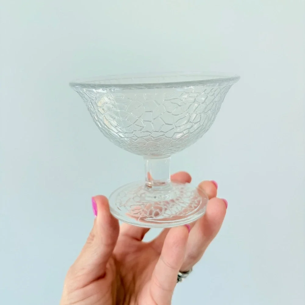 Vintage Clear Crackle Glass Dessert Bowls Set of 4 Stemmed Ice Cream Cups 4in
